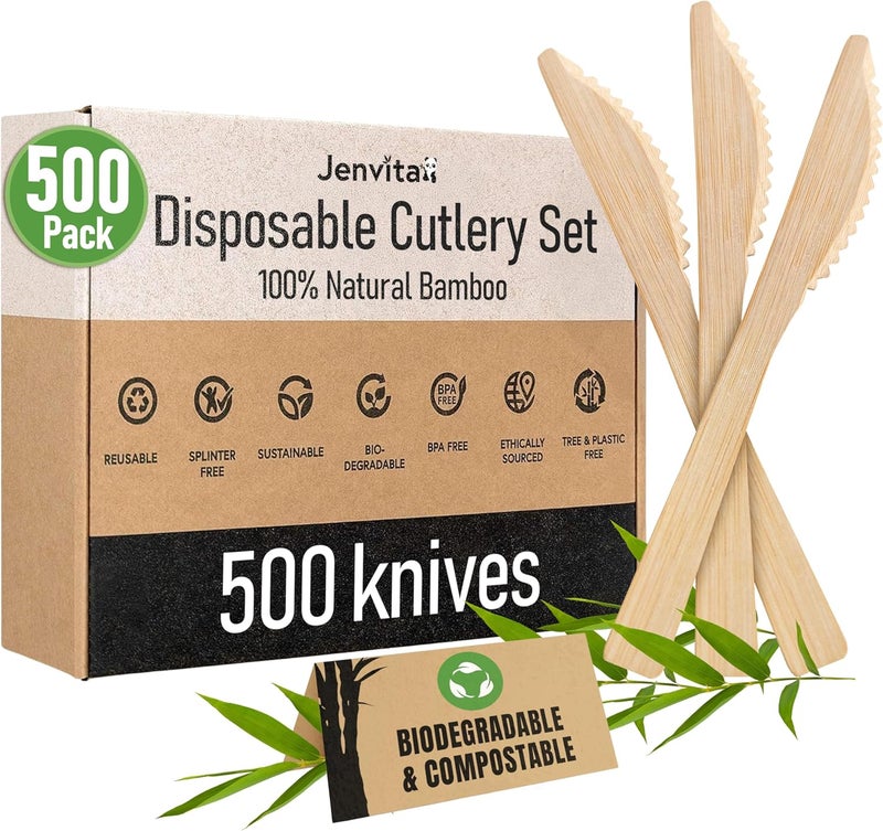 Jenvita 100% Bamboo Knives Set - Eco Friendly Kitchen Utensils (500 Compostable Knives) | Bamboo Utensils Disposable or Reusable | Compostable FSC Certified Silverware for Weddings, Camping, Parties - Image 1